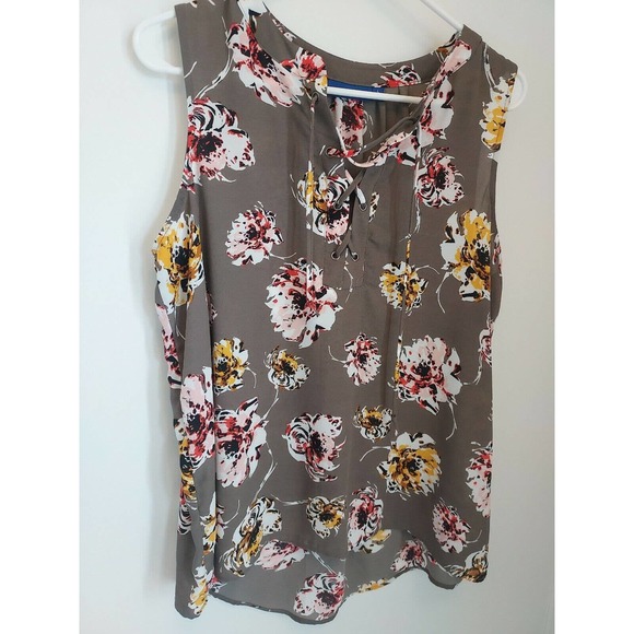 Apt. 9 Women's Brown and Floral Tie Neck Tank Top Size Large Blouse, Long back - Picture 1 of 9